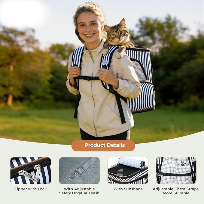 Lekereise Pet Carrier Backpack Expandable Cat Backpack Carrier for Small Dogs Large Cats Puppies, Dog Backpack Carrier for Hiking Travel Outdoor Hold Pets Up to 20 25 Lbs, Striped