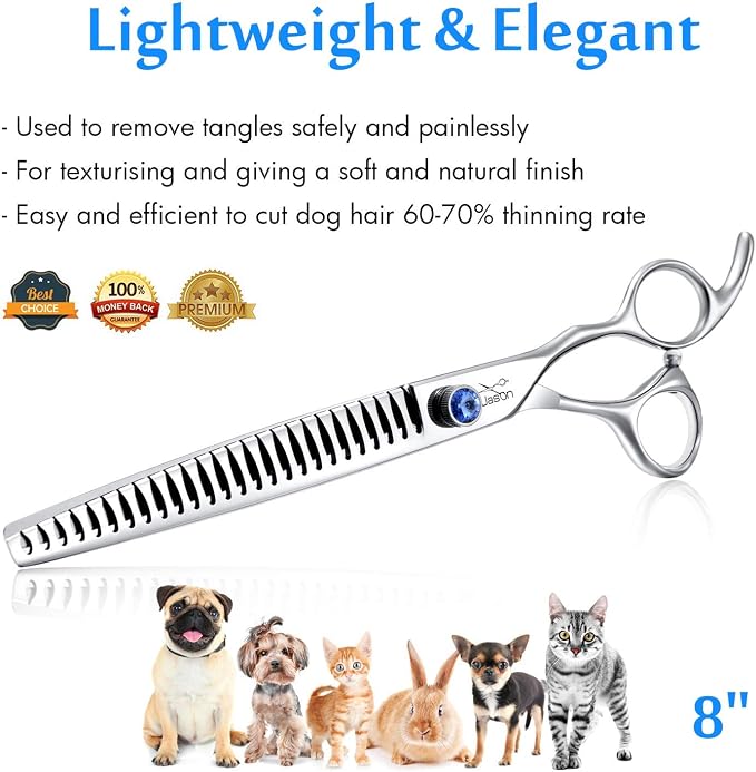 JASON Dog Grooming Chunker Scissors - 8" Blending Thinning Shears 26 Tooth | Ergonomic Cats Scissor Texturizing Shear Pets Trimming Kit with Offset Handle, Sharp, Comfortable, Gift
