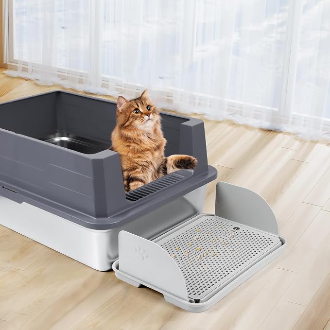 Cat Litter Box Step, Cat Step with Detachable Splash-Proof Baffles, Grey | Litter Box Ramp with Filter Function, Litter Catcher for Kittens & Elderly Cats, Non-Slip Cat Litter Mat Pedal, Easy to Clean