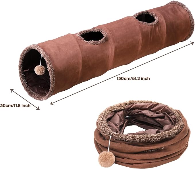 51"x 12" Collasiple Cat Play Tunnel, Cats Tubes and Tunnels, Cat Foldable Hide and Seek Tunnel Toy, Brown Suede Pet Tube Toy for Rabbits, Ferrets, Puppy, Diameter 12 Inch
