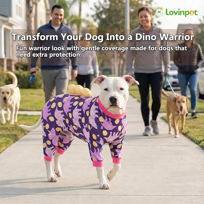 LovinPet Large Dog Pajamas, Four-Leg Stretch Onesie Bodysuit, Lightweight UV-Shielding Pajamas, Anti-Lick Calming Recovery Suit for Surgery, 3D Dino Egg Spikes, Easy on/Off， Purple， 3XL