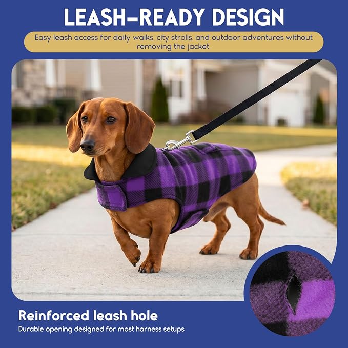 ASENKU Reversible Dog Winter Coat, Dog Jacket for Small Medium Large Dogs | Windproof Plaid Fleece Lining for Cold Weather, Water-resistant Outer Shell, Puppy Puffer Vest with Leash Hole, Purple 2XL