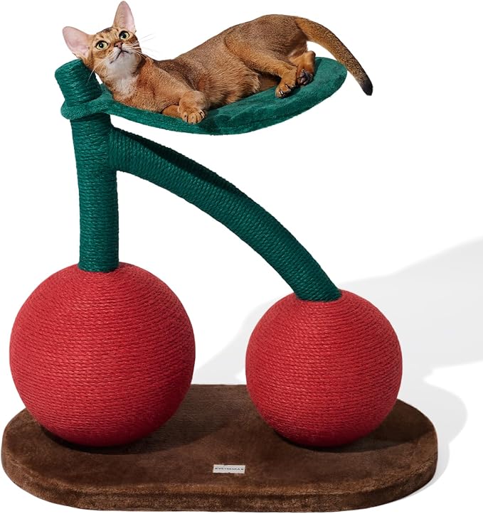 VETRESKA Cat Scratching Post, Large Cherry Cat Scratcher with Hammock, Tall Cat Scratch Interactive Toy with Natural Jute Rope for Indoor Cats, Kittens | Tall Cat Scratch Interactive Toy with Natural Jute Rope for Indoor Cats, Kittens