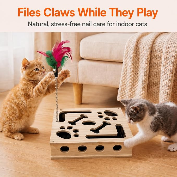Cat Nail File Box, Cat Nail File Scratcher Puzzle Enrichment Box with Sandpaper, Interactive Cat Puzzle Feeder Treat Toy for Indoor Cats, Natural Claw Care