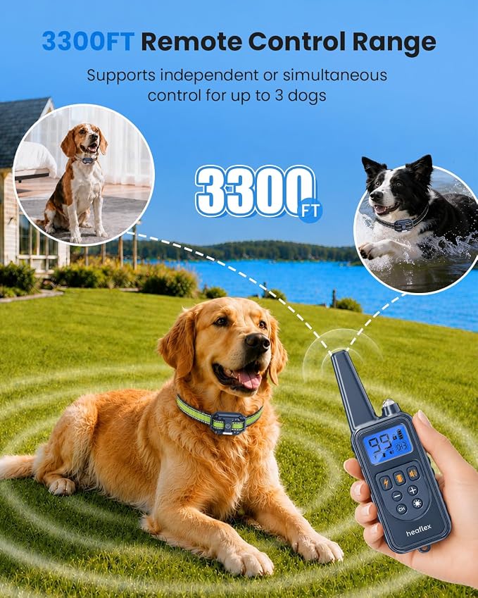 Shock Collar for 3 Dogs, Dog Training Collar with Remote, Rechargeable | Dog E-Collar Beep/Vibration/Shock/LED Light, 3300FT Long Range, IPX8 Waterproof, Fits Small Medium Large 5-120Lbs