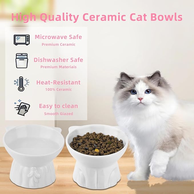 Elevated Cat Bowls 2-Pack, Ceramic Raised Cat Food & Water Dishes - Extra Wide & Shallow Whisker-Friendly Design, Anti-Vomit & Easy Digestion, Lead/Cadmium-Free, Microwave & Dishwasher Safe (White)