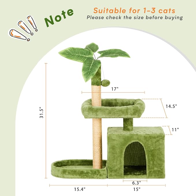 31.5inch Small Cat Tree Tower Condo for Indoor Cats, Soft Plush Multi-Level Climbing Tree Cat House with Cat Cave, Scratching Post, Sisal Rope, Green