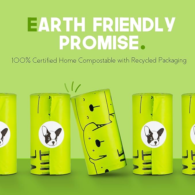 Certified Home Compostable Dog Poop Bags, 120 Plant Based Bags (8 Rolls) | NF T51-800, ASTM D6400 and EN 13432 certified, cornstarch based, extra thick, leak proof, unscented, 10% to charity