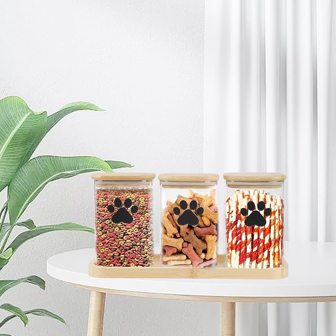 Morezi Dog Treat Container airtight Treats jar for countertop Closet Dog Food Storage 3 Jars with Tray Great for organizing pet Dogs Cats Birds Animal Food Treats Snack