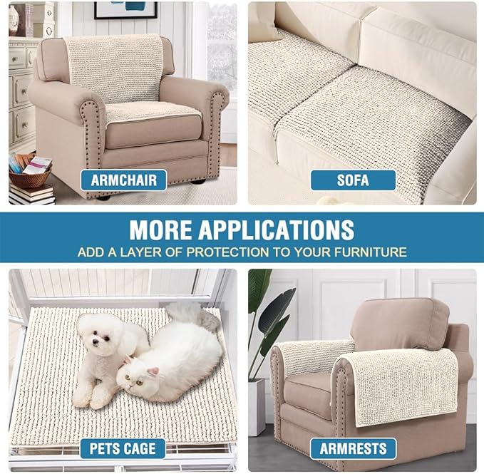 H.VERSAILTEX Plush Chenille Couch Armrest Cover 2 Packs Thick and Soft Sofa Covers Furniture Protector Cover for Pets (27.5" x 27.5", Ivory)
