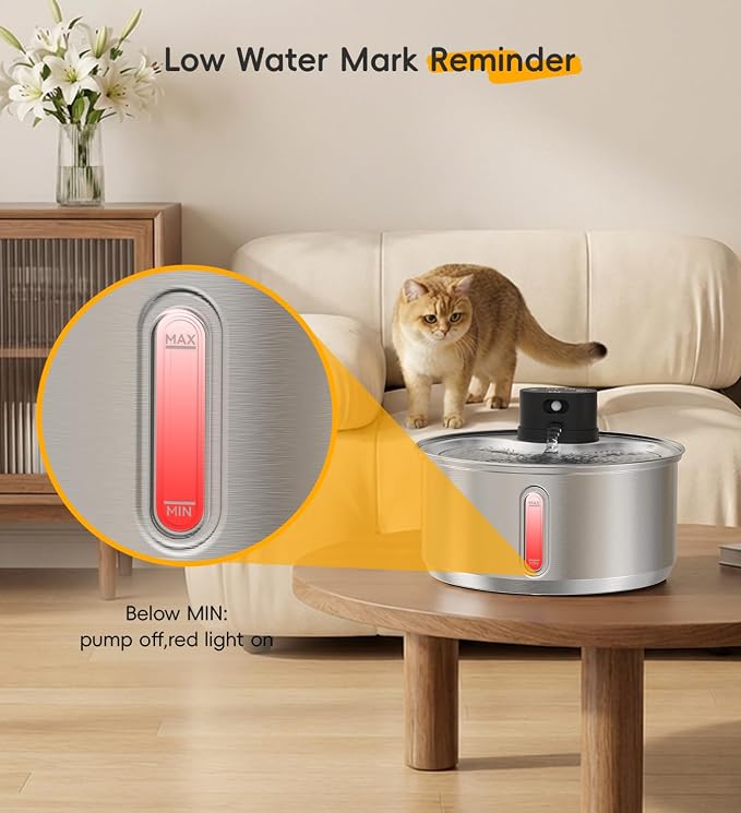 Stainless Steel Cat Water Fountain, 186fl.oz/1.45Gal Cordless Dog Fountain | Wireless Pet Fountain; 5000mAh Battery; Indoor; Triple Water Modes; 25 dB Ultra-Quiet