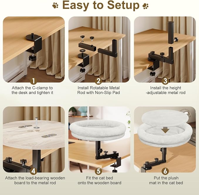 Desk Cat Bed, 18" Cat Bed for Desk, 360° Rotating, White | Cat bed desk with plush cushion, reinforced frame and adjustable position for home or office desks.