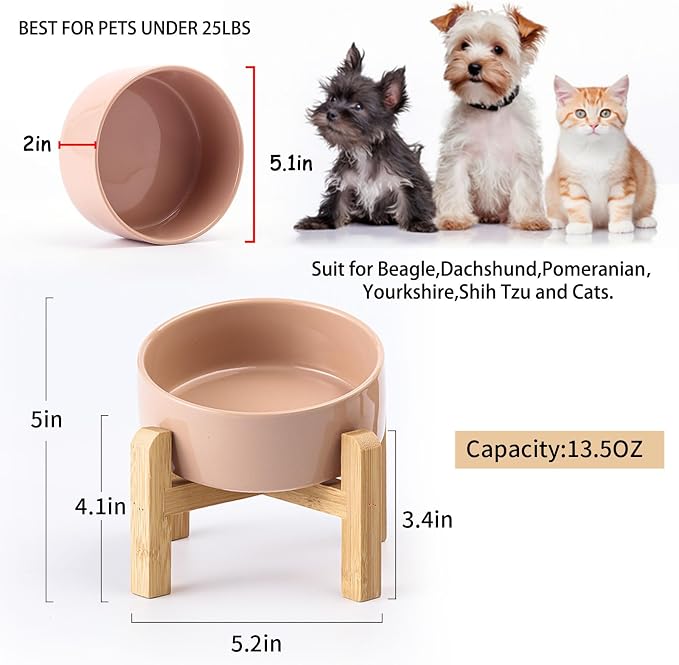 Petygooing Khaki Raised/Elevated 15°Slanted Ceramic Dog Bowl for Small Breeds,Tilted Anti Slip Pet Feeding Bowl,Food Water Dish with Stand for Cats and Small Dogs Puppy 13.5 OZ (5.1In / 1.7 Cups)