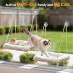Large Cat Window Perch Hammock, Solid Wood Seat & Plush Cushion | 4 heavy-duty suction cups, sturdy wooden perch for XL & large cats, comfortable indoor window cat bed & hammock