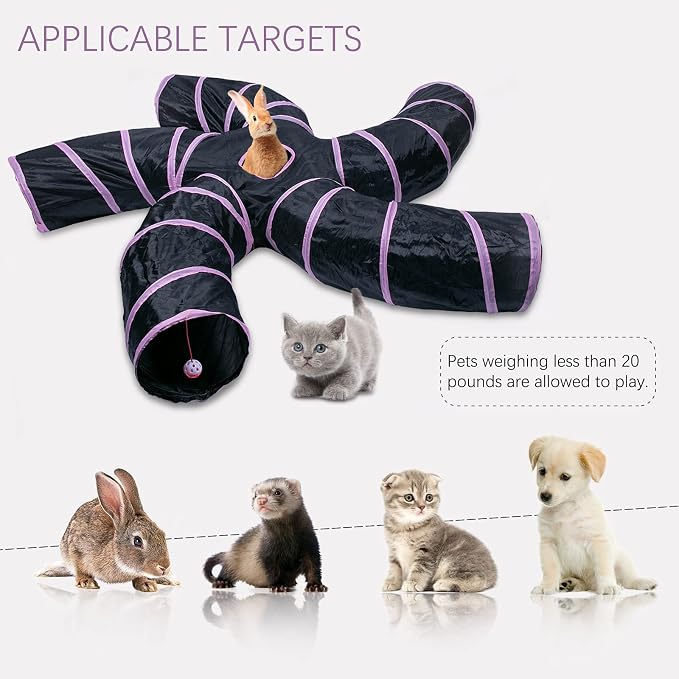 EGETOTA Cat Tunnel for Indoor Cats Large, with Play Ball S-Shape 5 Way Collapsible Interactive Peek Hole Pet Tube Toys, Puppy, Kitty, Kitten, Rabbit (Pink & Black)