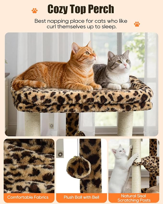 SYANDLVY Leopard Print Small Cat Tree with Top Perch, Hammock & Bottom Bed | 3 Level, Natural Sisal Scratching Post Tower with Hanging Bell Ball and Anti-Tip Strap, Stable Indoor Cat Furniture