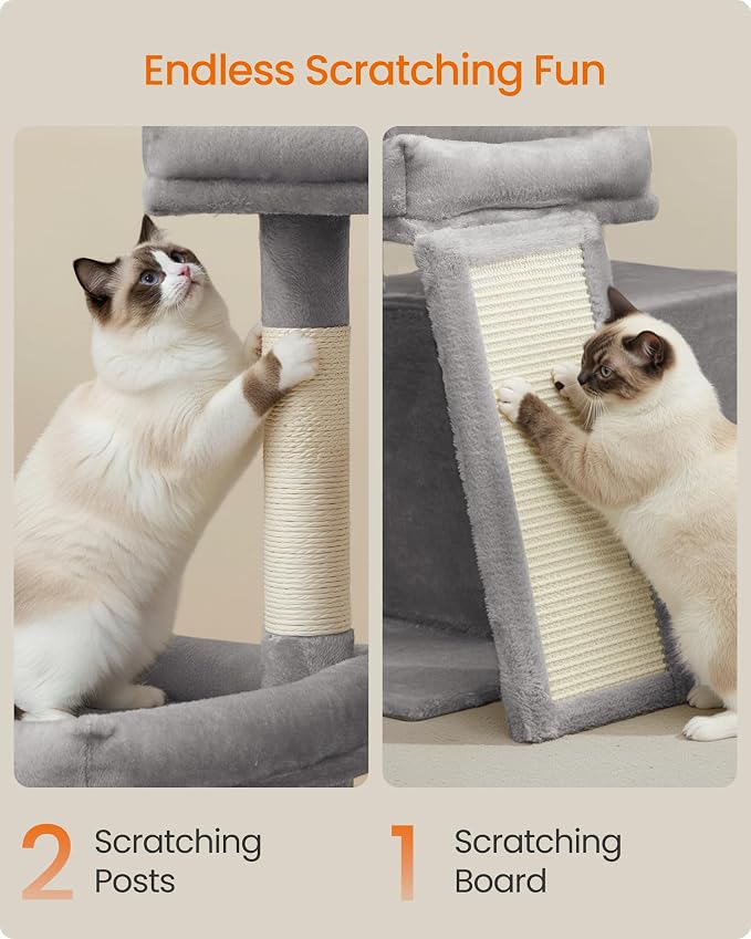 Feandrea Cat Tree, Cat Tower Condo Scratching Posts and Ramp, Dove Gray | 2 Large Perches, Cave, Basket, 33.8 Inches Tall, A Little Ball Dove Gray