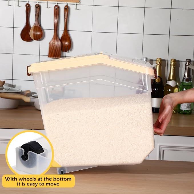 4 Pcs Rice Storage Containers Bulk Flour Sugar Container Wheels Measuring Cups Set Airtight Pet Dog Cat Birds Food Bin Grain Cereal Organizer Box for Dry Baking (Beige,38 lb)