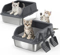2 Pack Small Stainless Steel Litter Box with Lid for Kitten, Metal Cat Litter Boxes High Sided Enclosed for Injured Cats and Rabbit, Anti-Urine Leakage | Non-Stick Bottom & Includes Scoop
