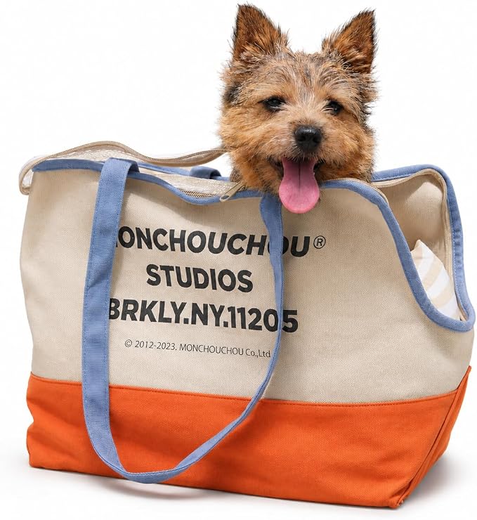 Dog Tote Bag for Small Dogs 4–20 lbs with Safety Leash, Purse Carrier,Beige | safety leash hooks, removable cushion cover, and flat support base for comfortable everyday travel and hands-free carrying.