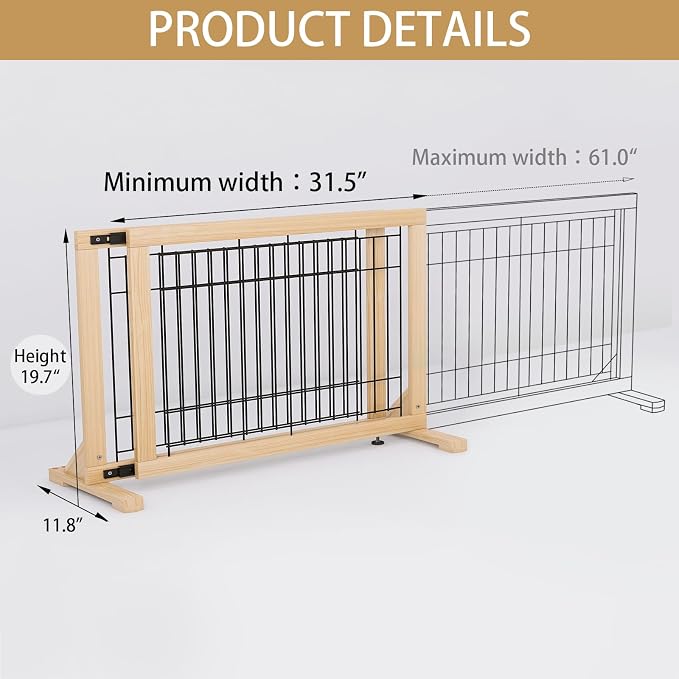 YOCAN Extra Wide Adjustable Dog Gate for Doorways & Stairs, 19.7" Tall, 31.5–61" Wide, Freestanding Pet Safety Gate with Wood & Metal Frame, No Drill Pressure Mount, Indoor Barrier (Black/Natural)