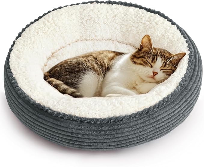 Love's cabin Round Donut Cat and Dog Cushion Bed, 20in Pet Bed for Cats or Small Dogs, Anti-Slip Water-Resistant Bottom, Super Soft Durable Fabric Pet beds, Washable Cat Dog Bed Stripe Bluish Grey