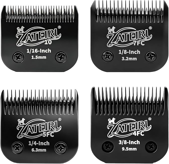 4 Pack Pet Grooming Clipper Blades with Steel Cutters, Sizes 10, 7FC, 5FC & 4FC, Black, Compatible with Andis, Oster A5, Wahl KM10 A5 Style Dog Clippers