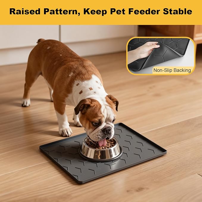 Pieviev Silicone Dog Cat Food Bowl Mat, Waterproof Raised Edge, 16'' x 12'' | Food-Grade Bpa-Free Pet Food Mat, Waterproof & Non-Slip, Raised Edges Contains Spills & Drips, Fits Pet Bowls and Fountains