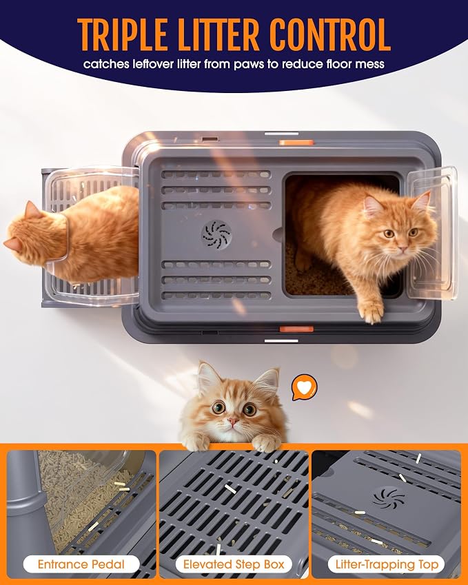 Powools Stainless Steel Enclosed Cat Litter Box, Elevated Step Box, Grey | 17.1 x 13.2 x 15.0 in, Metal Cat Litter Box with Lid, Litter Scoop, Activated-Carbon Pack, Non-Sticky, Easy to Clean