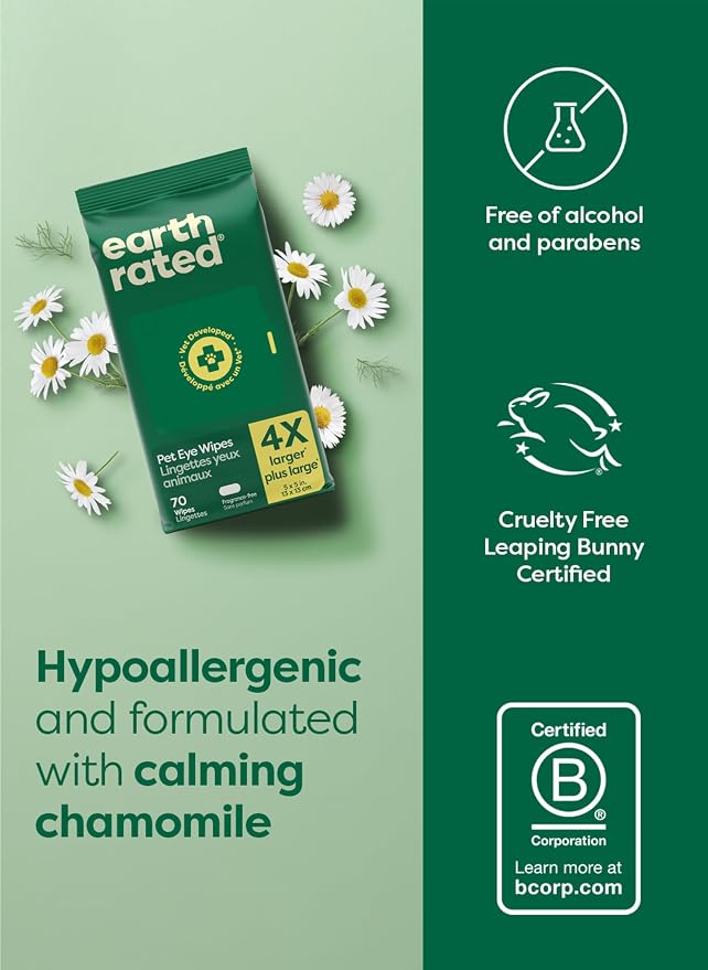 Earth Rated Dog Eye Wipes, Unscented, Removes Dirt & Discharge, 70ct | Vet-Developed, Hypoallergenic Pet Wipes for Dogs & Cats to Remove Dirt & Discharge, Fragrance Free