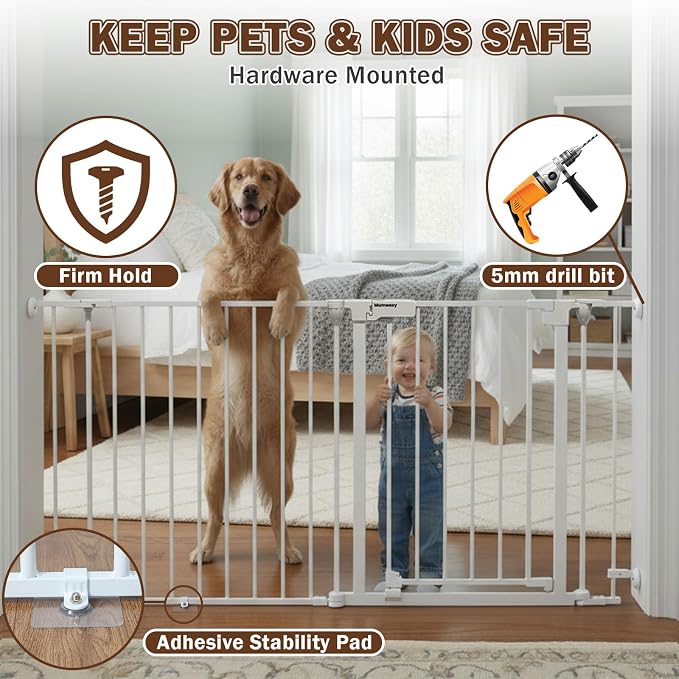 Mumeasy 126" Extra Wide Baby Gate for Doorways, Stairs & Fireplace, Indoor | Auto Close Safety Dog & Pet Gate with Walk Thru Door, Childproof Fence for Hallway Kitchen House Outdoor,5 Metal Panels,White