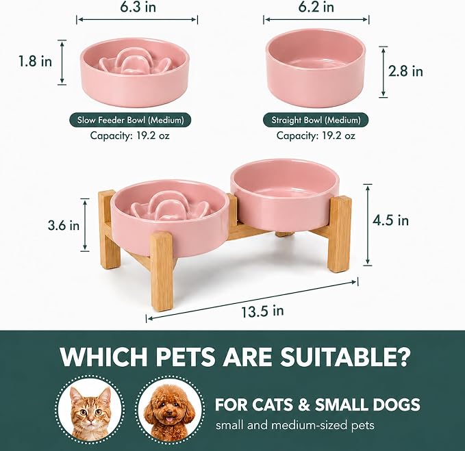 Ceramic Slow Feeder Dog Bowls with Raised Stand, 1.5 Cups Elevated Slow Feeding Bowl for Small and Medium Dogs and Cats, Non-Slip Pet Food Dish Helps Reduce Gulping and Bloating