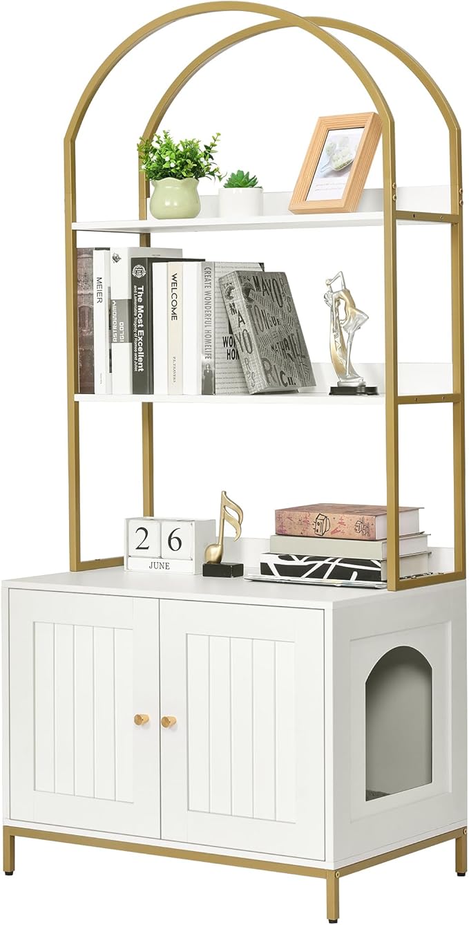 Homhedy Cat Litter Box Enclosure with 2-Tier Shelves, White and Gold | Litter Box Furniture Hidden, Indoor Cat House, Wooden Cat Washroom Furniture with Metal Frame, Modern Style