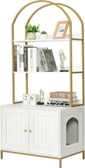 Homhedy Cat Litter Box Enclosure with 2-Tier Shelves, White and Gold | Litter Box Furniture Hidden, Indoor Cat House, Wooden Cat Washroom Furniture with Metal Frame, Modern Style