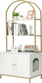 Homhedy Cat Litter Box Enclosure with 2-Tier Shelves, White and Gold | Litter Box Furniture Hidden, Indoor Cat House, Wooden Cat Washroom Furniture with Metal Frame, Modern Style