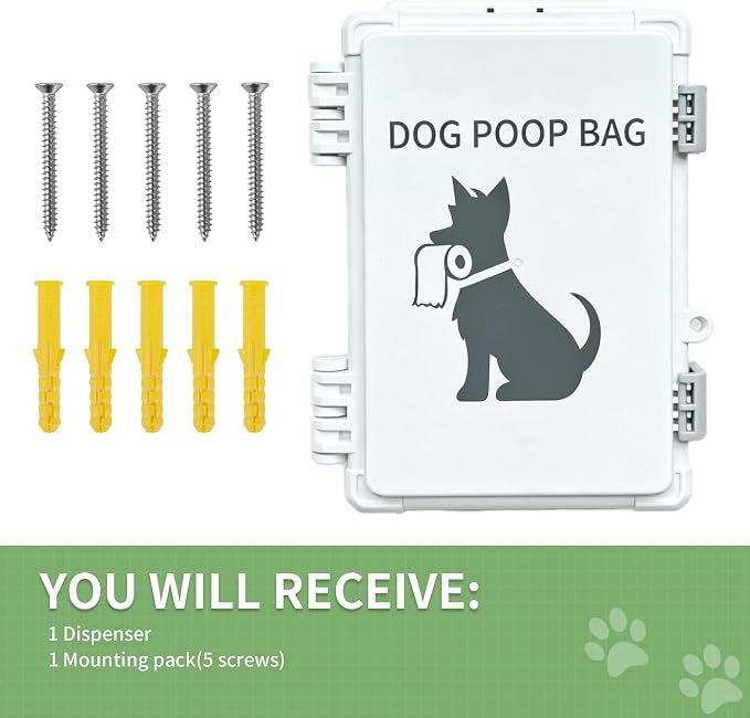 Dog Poop Bag Dispenser,Wall-mounted Waterproof Pet Waste Bags Dispenser Holds Up to 8 Rolls of Waste bags，Outdoor Wall, Stake, Pole, Fence Mounted, Fits Home, Porch, Lawn, Yard (only dispenser)