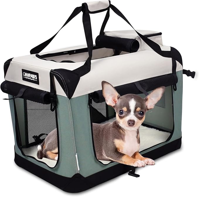 JESPET Soft Dog Crates Kennel for Pets, 3 Door Soft Sided Folding Travel Pet Carrier with Straps and Fleece Mat for Dogs, Cats, Rabbit, Indoor&Outdoor Use(5-Shale Green, Small(24"L x 16.5"W x 16.5"H))