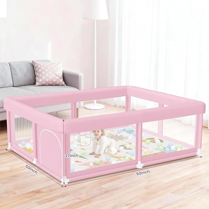 Hiaksedt Baby Playpen with Mat 50"x50" Baby Girl Play Pen for Babies | Playpen and Toddlers, Safe Structure and Soft, Skin-Friendly Fabric with Zipper Gates Pink