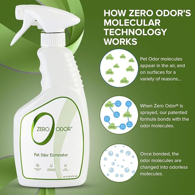 Zero Odor Pet Odor Eliminator Spray for Dog & Cat Urine, Carpet Deodorizer | Enzyme free, Urine Smell Eliminator for Pet Beds, Litter Areas & Furniture, 16 FL OZ