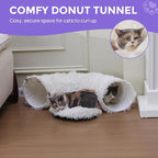 Plush Cat Tunnel Bed for Indoor Cats with Soft Cushion, Multi-Shape Play Cave with Hanging Balls, Large and Foldable Cat Donut Tunnel for Small and Large Pets (White)