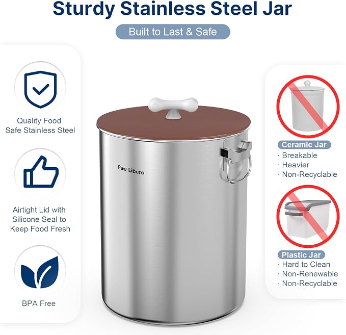 Paw Libero 2PK 25 Lbs Stainless Steel Dog Food Storage Container with Airtight Lid & Ceramic Bone Handle, Large Metal Dog Food Bin for Dogs & Cats, Keep Fresh, Easy to Clean