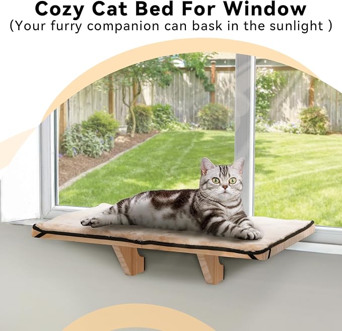 PETSFIT Cat Window Perch, Solid Wood, Fleece Mat, Windowsill Bedside Drawer | Natural Wood Cat Hammock, Tool-Free Assembly, Fits Large Cats, Windowsill Bedside Drawer Use, Washable Cushion Included