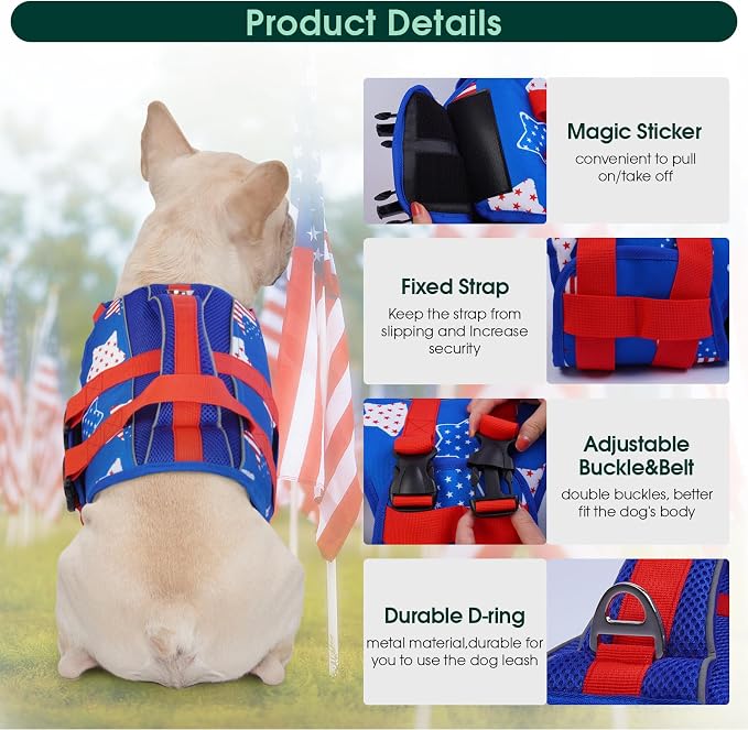 Kuoser Dog Life Jacket High Flotation, American Flag Dogs LifeVest for Swimming Boating, 4th of July Dog Lifejacket with Reflective & Rescue Handle, Lightweight Doggy Life Preserver for Medium Dogs, M