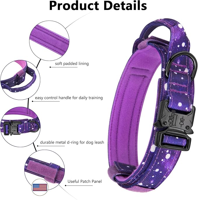 DAGANXI Tactical Dog Collar, Adjustable Military Training Nylon Dog Collar with Control Handle and Heavy Metal Buckle for Medium and Large Dogs, with Patches and Airtags Case (XXL, Purple Sky)