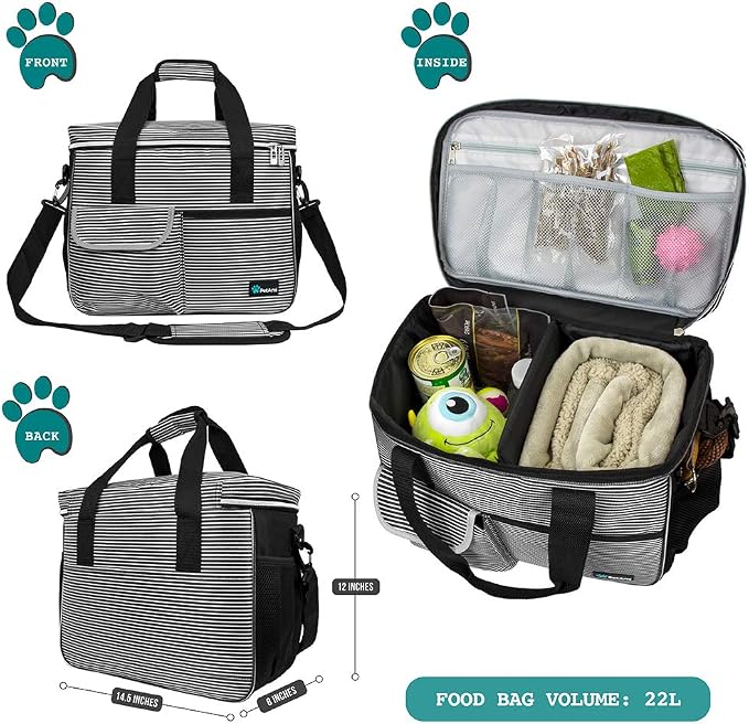 PetAmi Dog Travel Bag Organizer, Pet Travel Kit with 2 Food Containers & 2 Collapsible Dog Bowls, Pet Supplies Tote with Luggage Sleeve, Weekend Road Trip Camping Essentials, Stripe Black, Medium