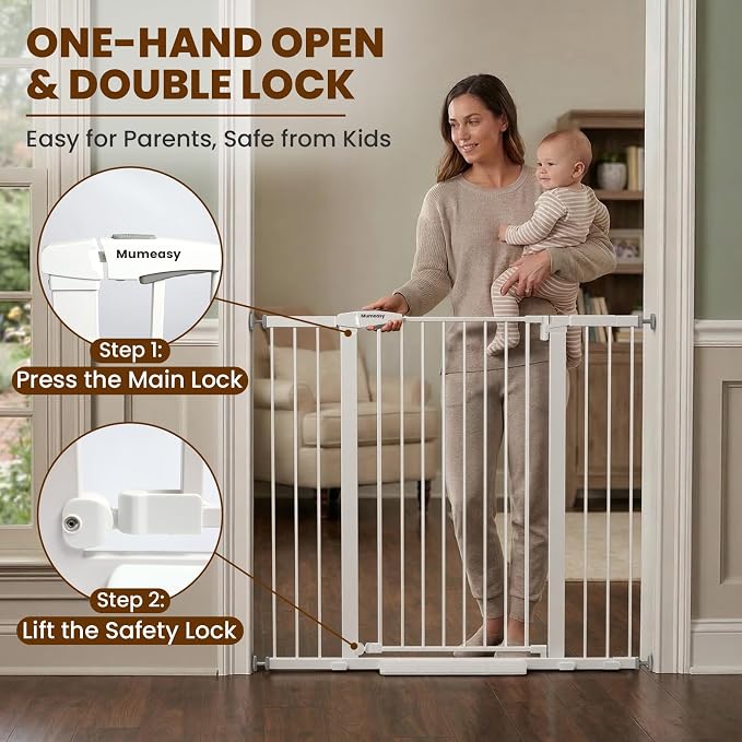 Mumeasy 36" Extra Tall Baby Gate for Stairs, 29.7-48" Wide Dog Gate for Doorways, Walk Thru Pet Safety Gate for Indoor, Pressure Mounted with Auto Close, Easy Install No Drill for Toddlers, White