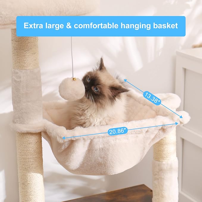 Hey-brother Cat Tree Tower, Litter Box Enclosure, Food Station, MPJ100SR | 47.24 Inches Wooden All-in-one Cat House, Large Hammock, Bed, Scratching Posts, Modern Style for Indoor Cats, Rustic Brown