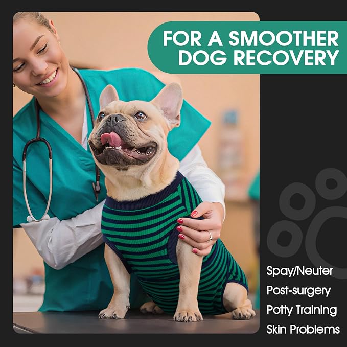 FUAMEY Dog Surgery Recovery Suit, Surgical Suit for Dogs Onesie for Surgery | Cone Alternative after Surgery, Abdominal Wound Protector, Onesie for Dogs after Surgery Spay Neuter, Green Black Stripes XS