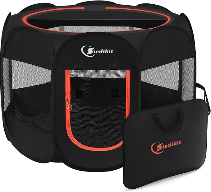 Siedihit Dog Playpen, Puppy Pet Playpens Indoor for Medium Dogs Tent | Crates Cage Indoor/Outdoor, Portable Pop Up Dog Kennel Playpen with Carrying Case for Dogs/Cats/Rabbits, Black