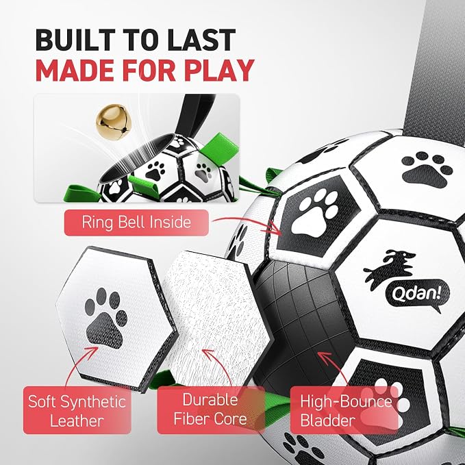 QDAN Dog Soccer Balls Toy with Bell Inside, Squeaky Ball for Large Dogs | 8 Inch Interactive Dog Toys for Tug of War, Durable Ropes Toys for 30-90 lbs Dogs, Large Herding Ball for Dogs Outside